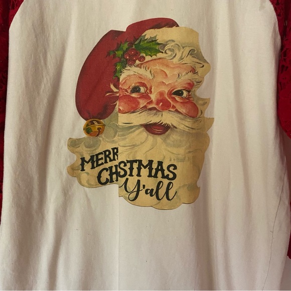 Luxor JLT women’s “Merry Christmas Y’all” raglan red lace sleeve tee - Picture 2 of 8
